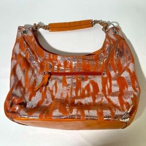 Orange and Silver Tiger Print Hobo Bag with Glossy Finish